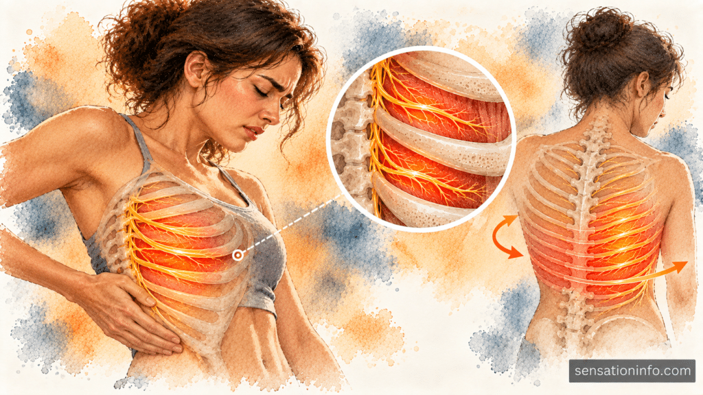 Medical drawing showing the horizontal paths of intercostal nerves wrapping around the human rib cage