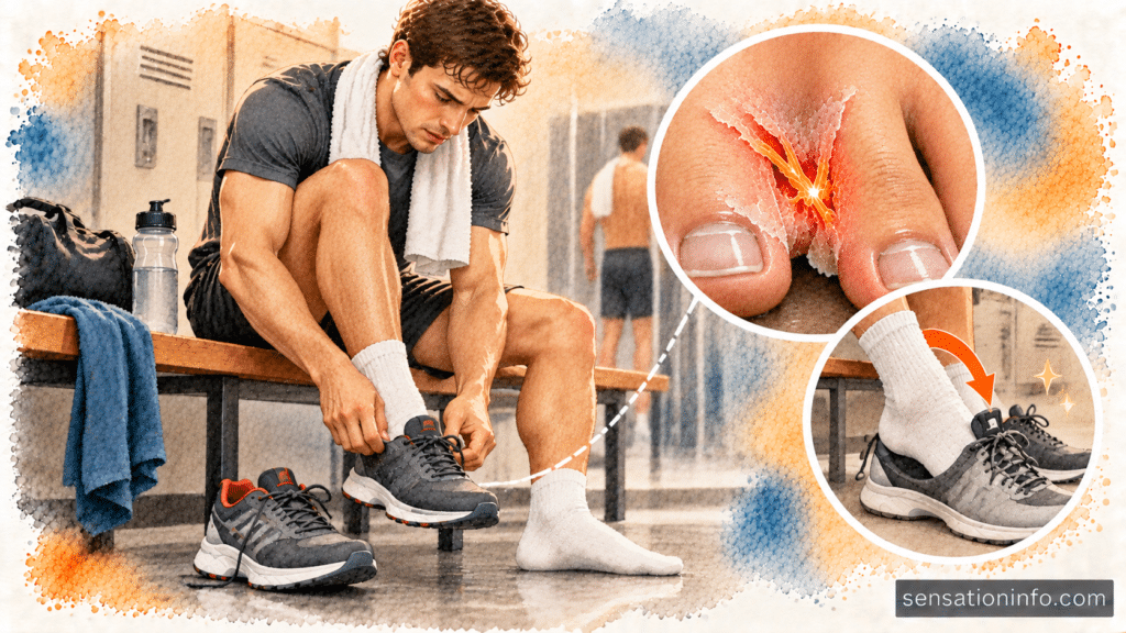 Person sitting on a locker room bench wearing clean white socks and preparing to put on athletic gym shoes.
