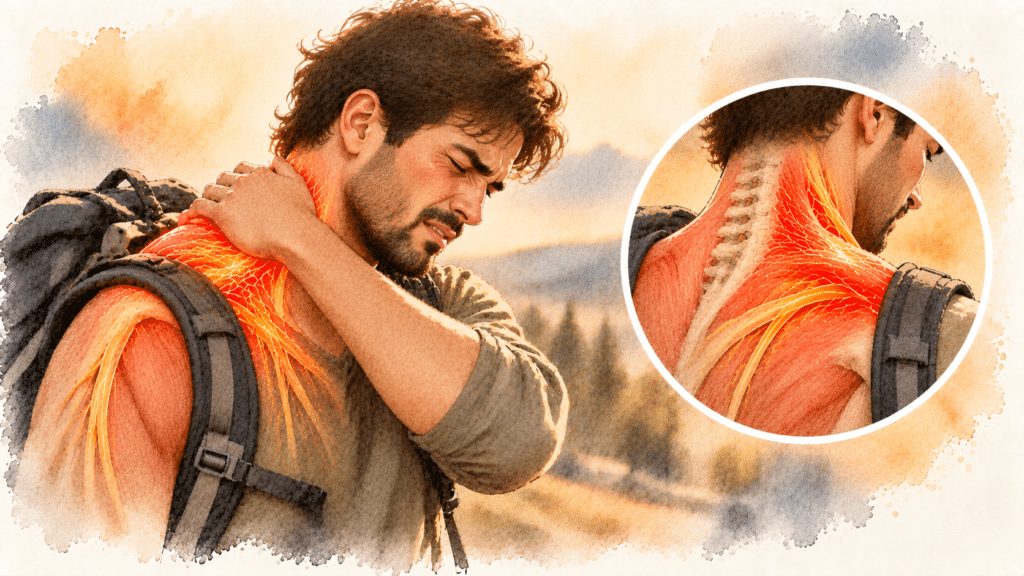 Person rubbing their upper neck and shoulder experiencing a burning sensation in the traps from muscle fatigue.