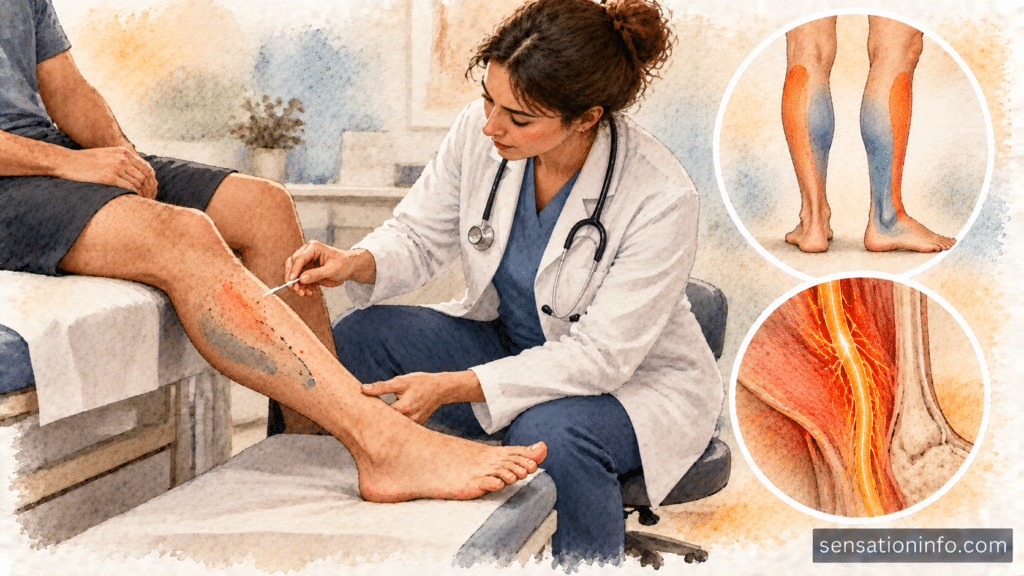 Clinical doctor performing a physical neurological examination by systematically mapping sensory changes across a patient's bare lower leg.