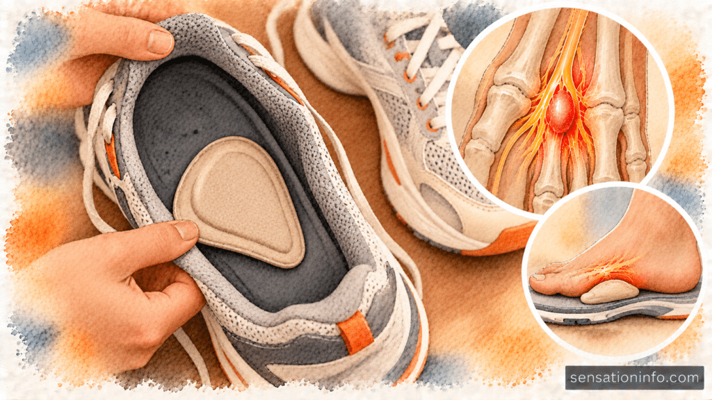 Close up of a teardrop shaped metatarsal pad correctly placed inside a wide athletic shoe.
