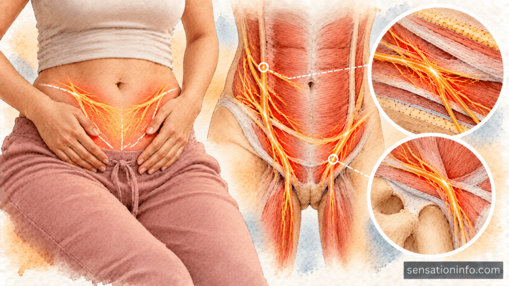 Diagram showing the triangular distribution of the iliohypogastric nerve over the lower abdomen and pubic bone.
