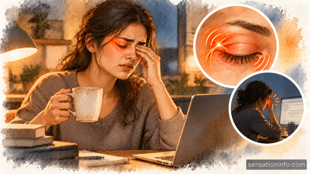 Tired person holding a cup of coffee and rubbing their strained eye while working late at a computer screen.