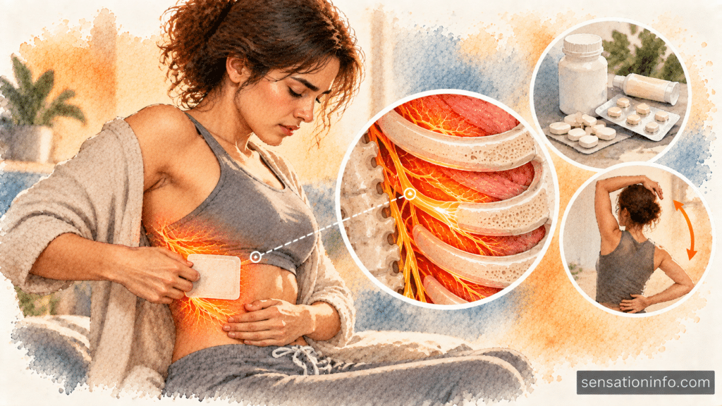 A person sitting up straight applying a numbing patch to their side to relieve nerve tingling.
