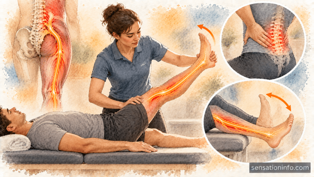 Physical therapist demonstrating gentle lumbar decompression and sciatic nerve flossing exercises.