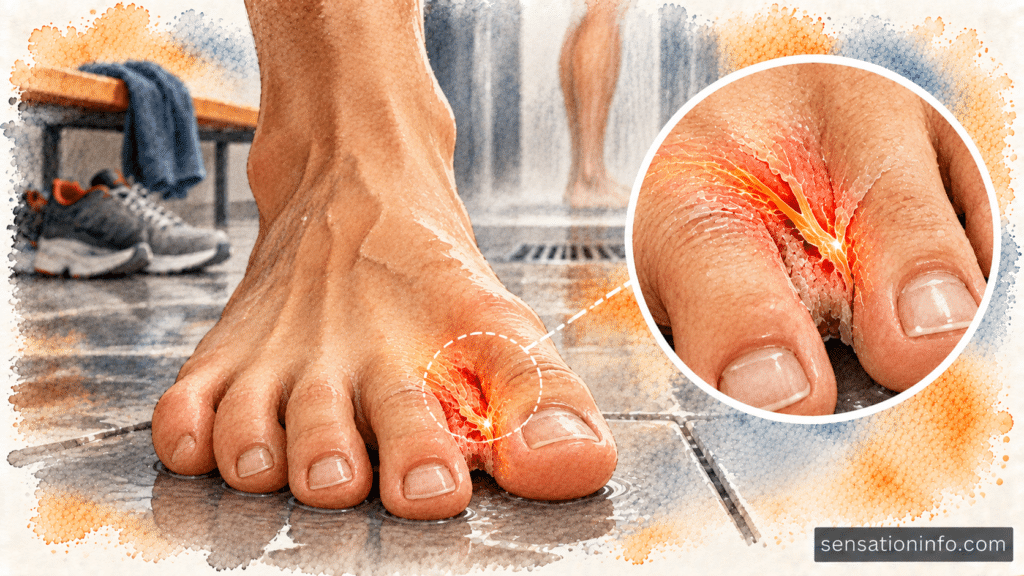 Close up illustration of the human foot highlighting the interdigital space between the toes where athlete's foot begins.
