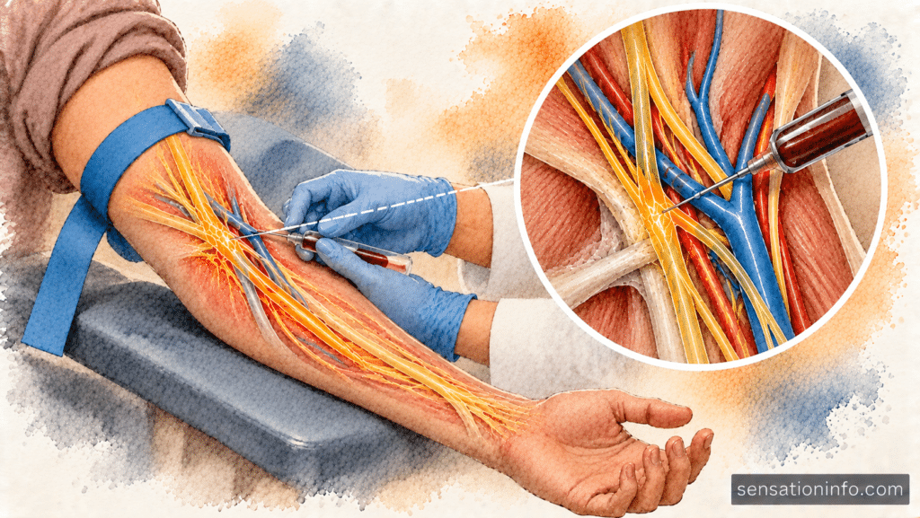 Medical illustration showing the major veins and nerves located in the inner elbow crease.
