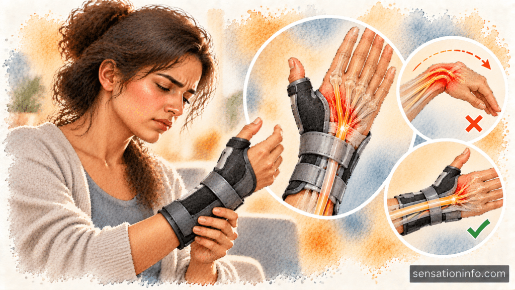 A person wearing a rigid thumb spica splint to keep the wrist straight and protect the radial nerve.