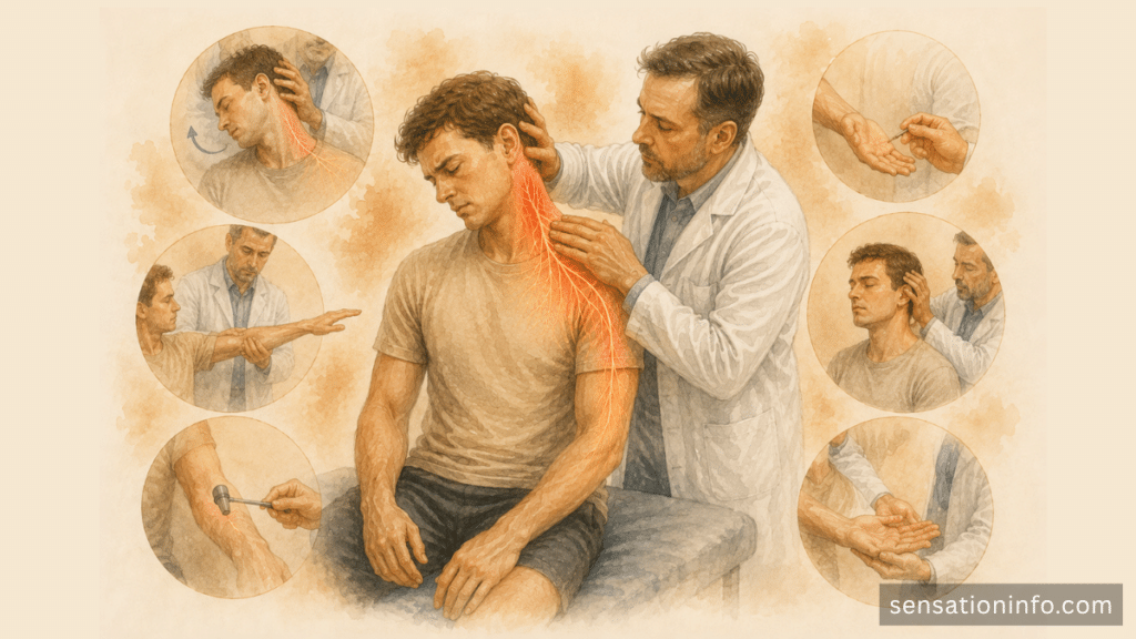 Clinician examining neck movement, arm strength, sensation, and reflexes.