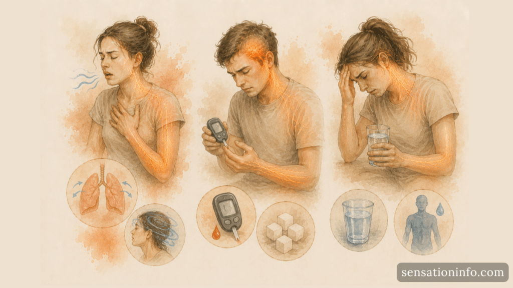 Common causes of tingling and dizziness including breathing, blood sugar, and hydration changes.