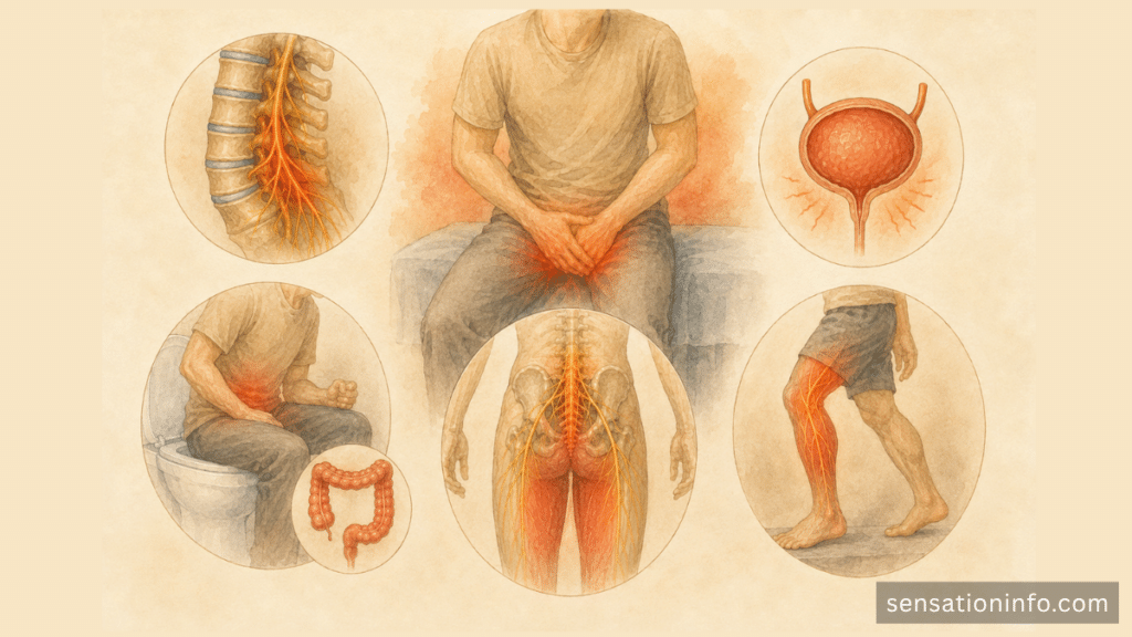 Groin tingling warning signs involving pelvic nerves, the spine, bladder, and legs.