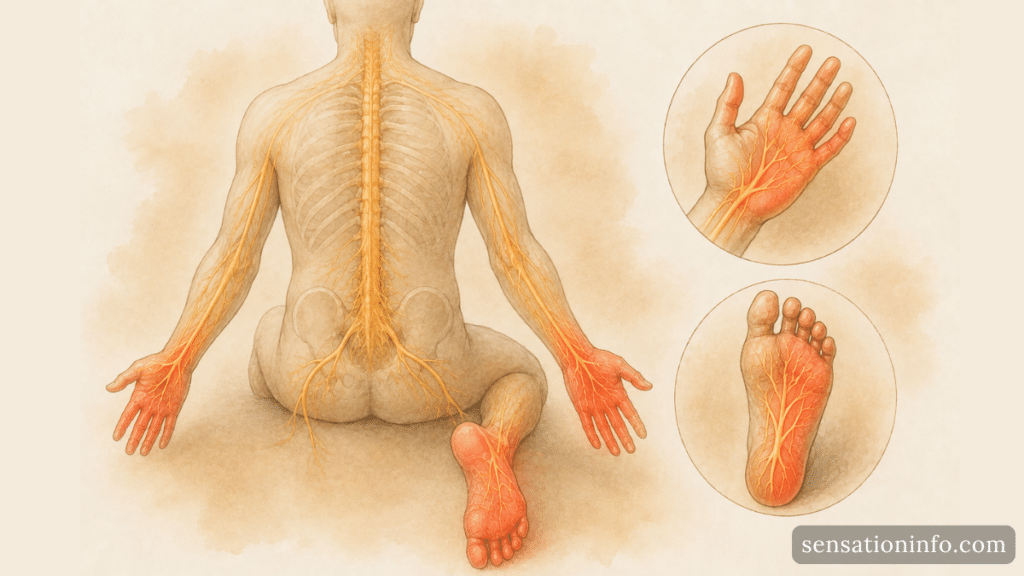 Numbness and tingling in the hands and feet shown in a peripheral nerve distribution.