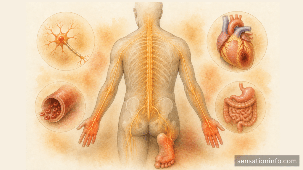 Small fiber neuropathy affecting sensory and autonomic nerves in the body.