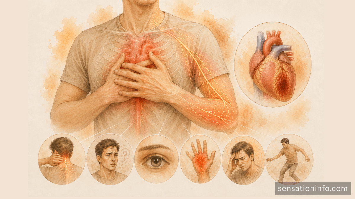 Image Placement Guide Image 1: Place after the section “Which chest symptoms need emergency care?” Suggested alt text: Tingling in the chest with heart attack warning signs and emergency symptoms. Image 2: Place after the section “What conditions can cause tingling in the chest?” Suggested alt text: Chest tingling causes including nerves, muscles, anxiety, and blood vessel compression. Image 3: Place before the section “How do clinicians find the cause?” Suggested alt text: Clinician evaluating chest tingling, heart symptoms, nerves, and blood vessels.