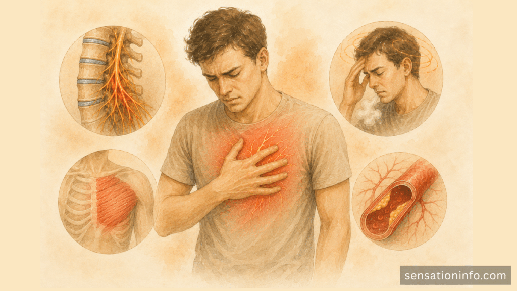 Tingling in the chest with heart attack warning signs and emergency symptoms.
