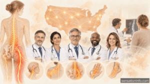 Medical illustration showing pain management doctors for nerve pain in the USA, with a U.S. map, highlighted spinal nerves, doctor consultation, and peripheral nerve anatomy.