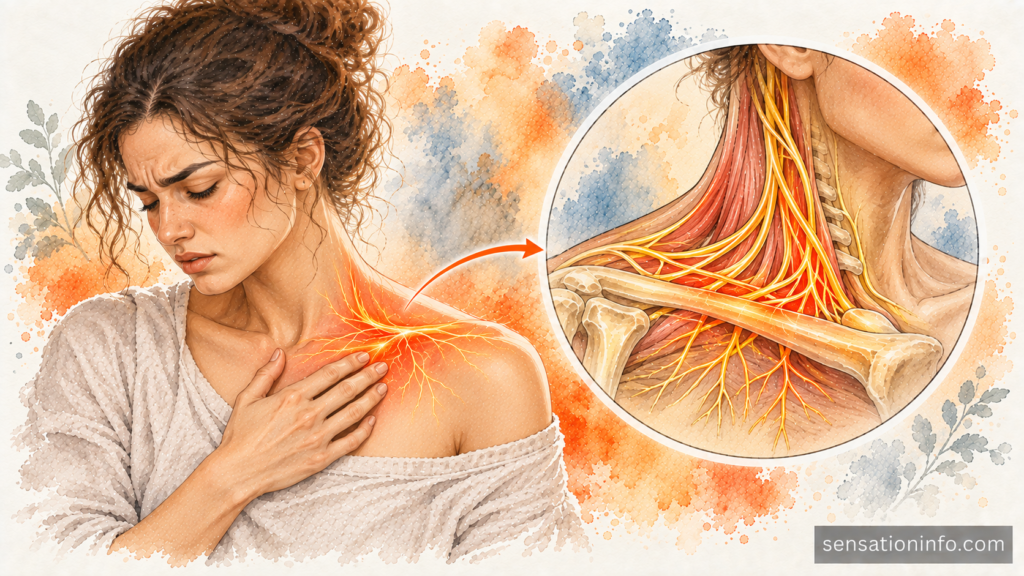 Anatomy diagram showing the supraclavicular nerves over the collarbone