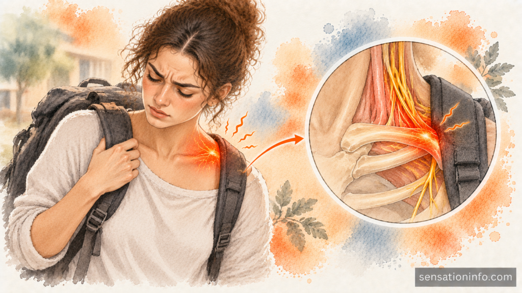 Person experiencing burning pain over the collarbone from a heavy backpack strap
