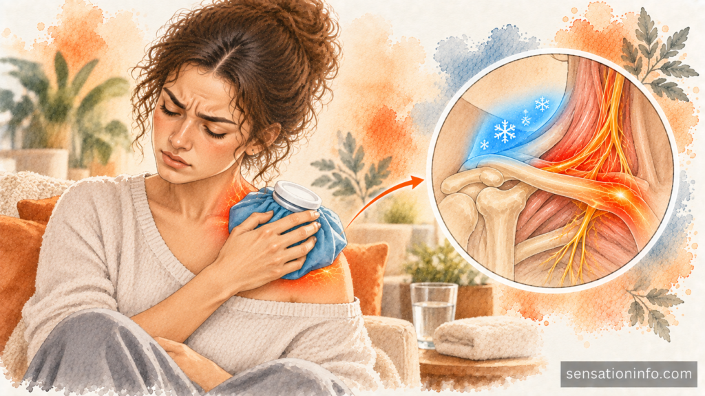 Patient applying an ice pack to relieve burning pain over the collarbone