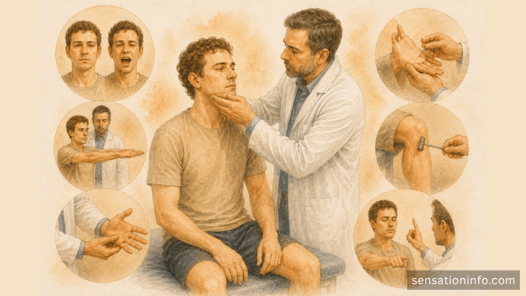 Clinician checking facial movement, strength, sensation, reflexes, and coordination