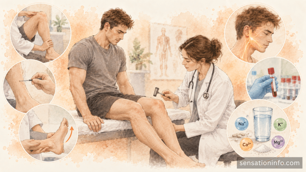 Clinician checking muscle strength, reflexes, sensation, and electrolyte-related symptoms.