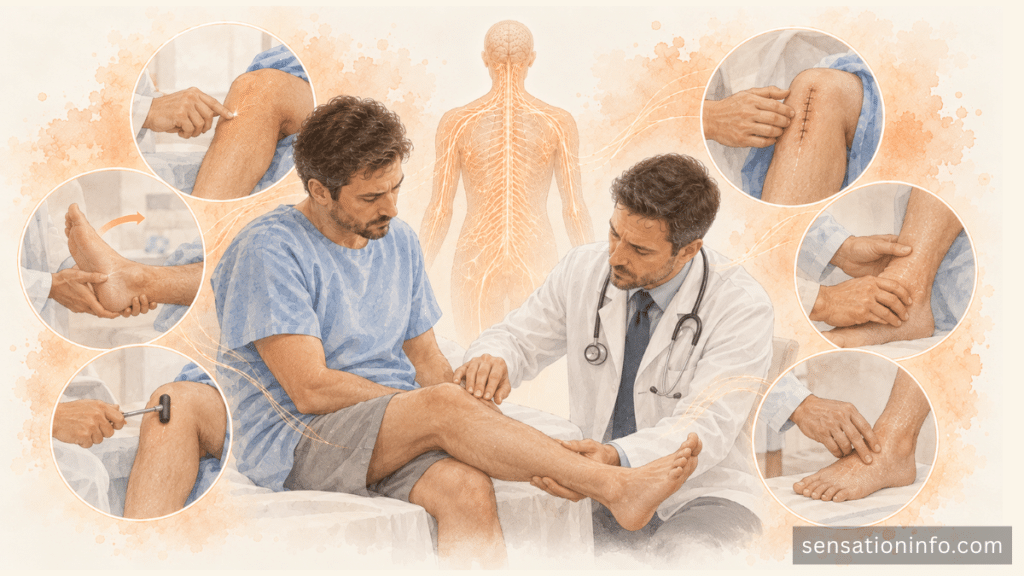 Clinician checking postoperative sensation, strength, swelling, pulses, and wound changes.