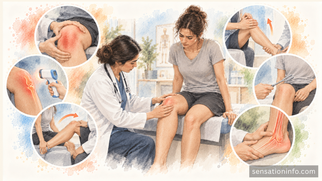 Clinician examining a joint for swelling, warmth, movement, strength, sensation, and circulation.