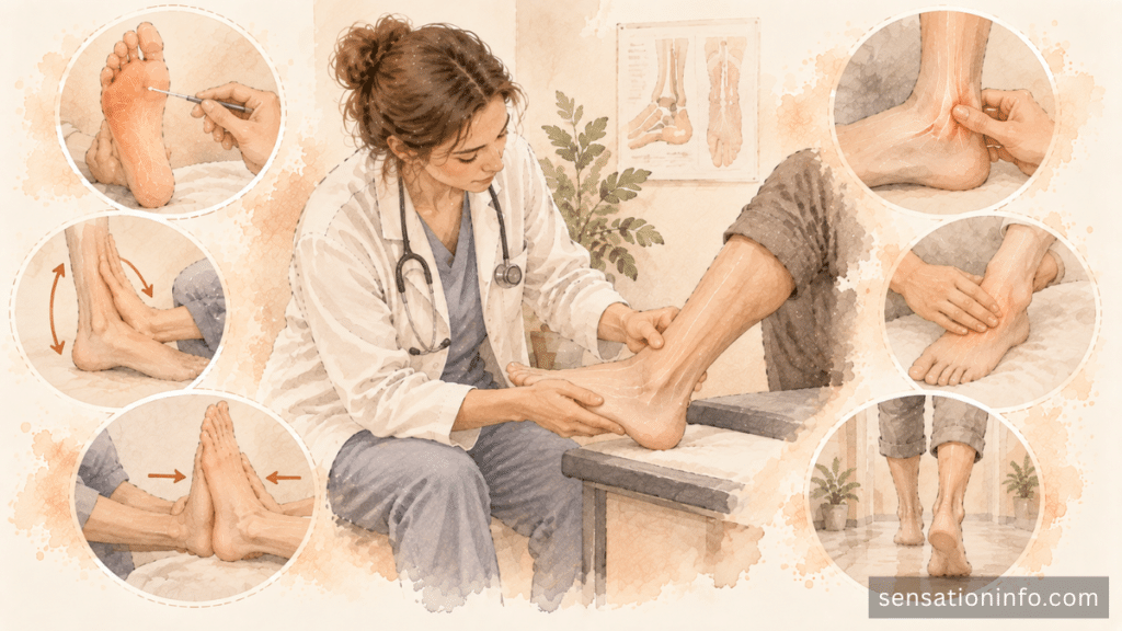 Clinician examining foot sensation, ankle movement, strength, gait, pulses, and the inner ankle.
