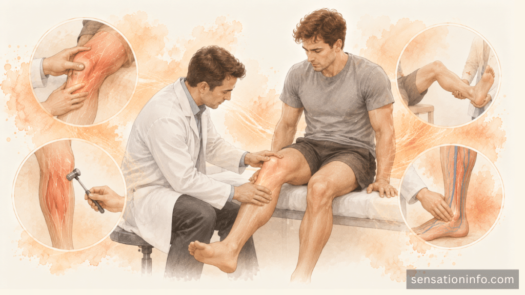 Clinician examining muscle strength, swelling, nerves, and circulation.