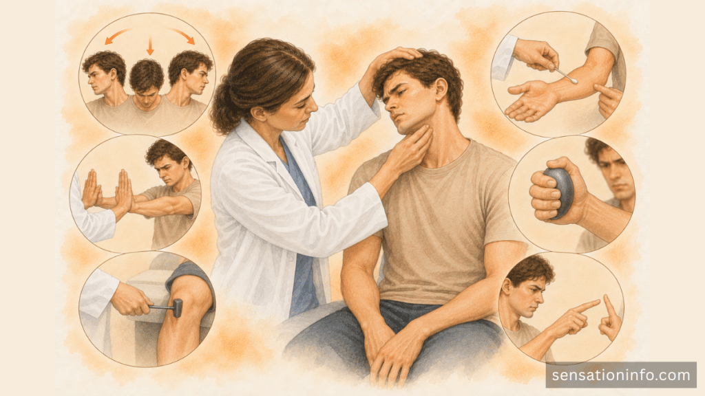 Clinician examining neck movement, arm strength, sensation, reflexes, and coordination.