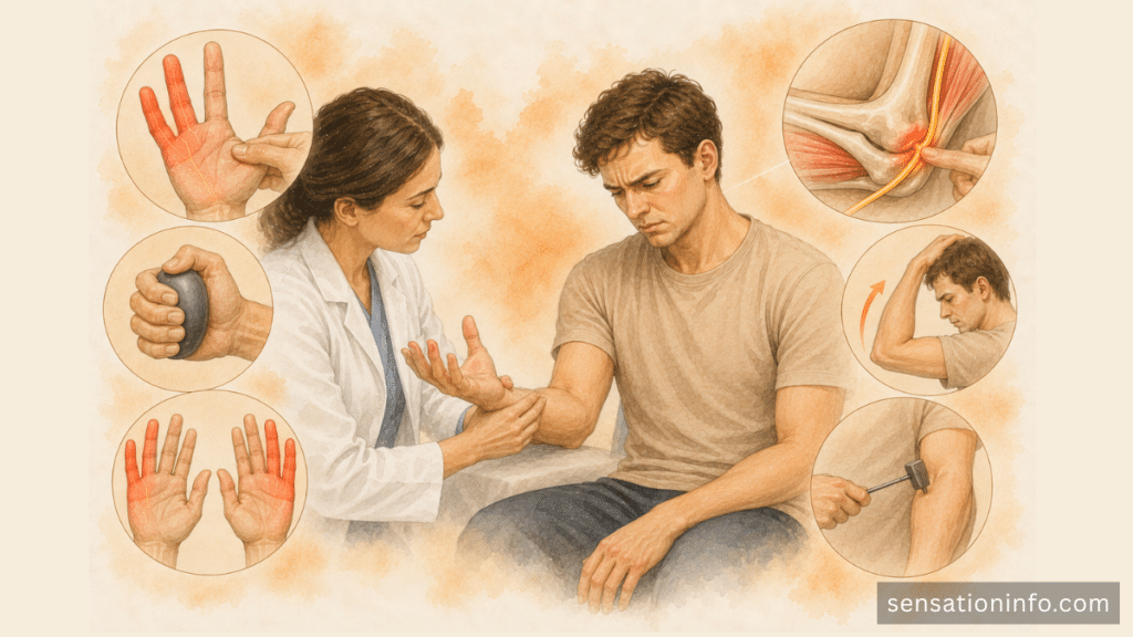 Clinician examining ulnar nerve function, finger sensation, grip strength, and elbow movement.
