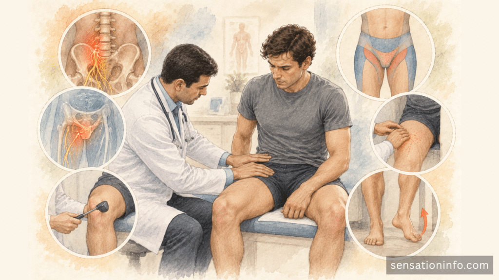 Clinician mapping groin sensation and checking pelvic, hip, back, leg, and neurologic symptoms.