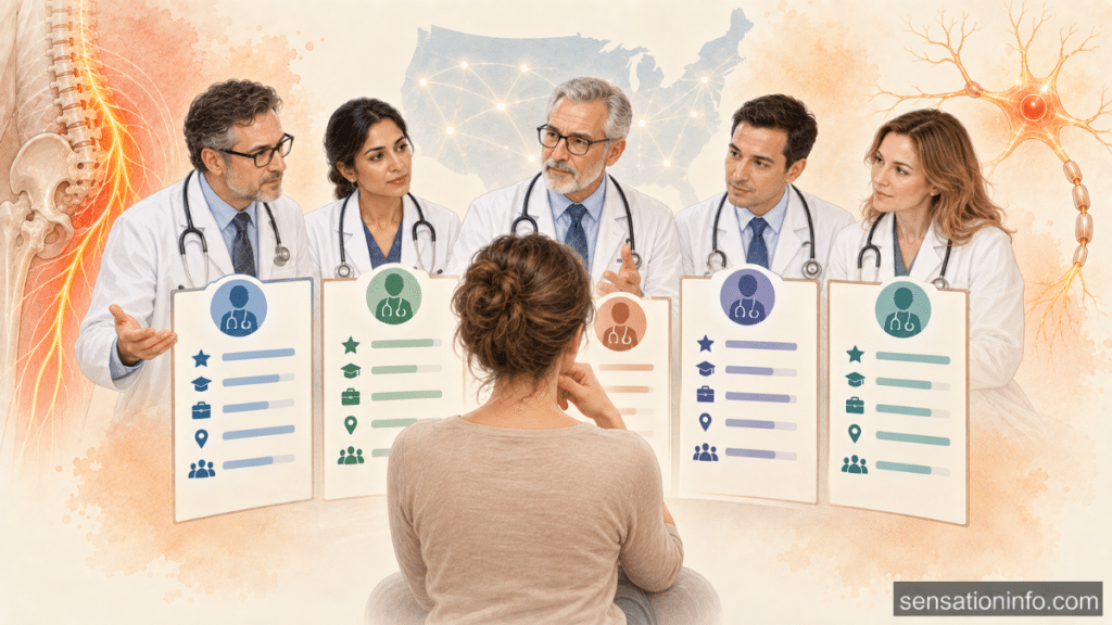 Woman comparing five neuropathy specialists using profile cards, with spine, nerve, and neuron illustrations in a warm beige watercolor medical design.