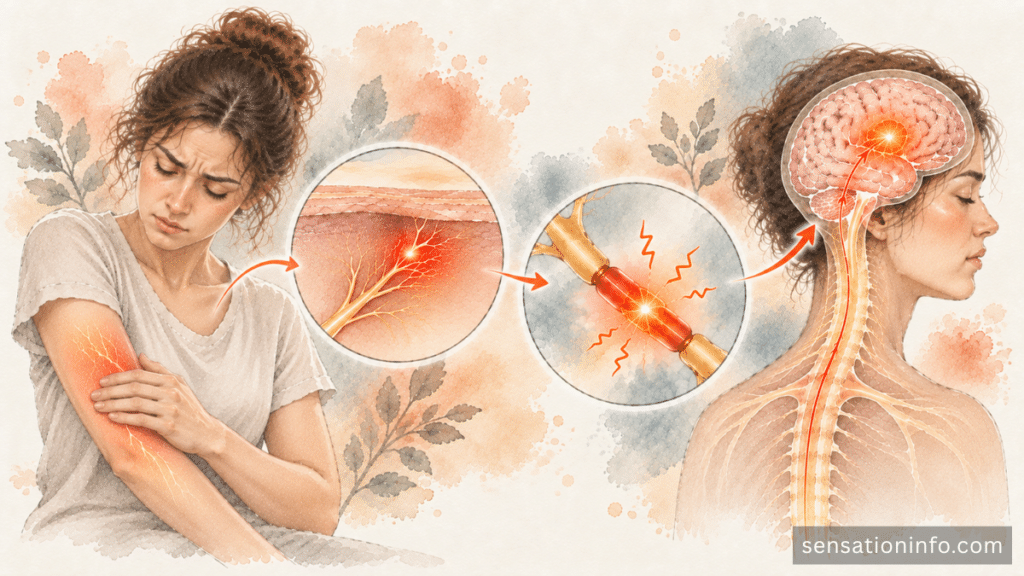 Diagram showing how damaged sensory nerves send false itch signals to the brain
