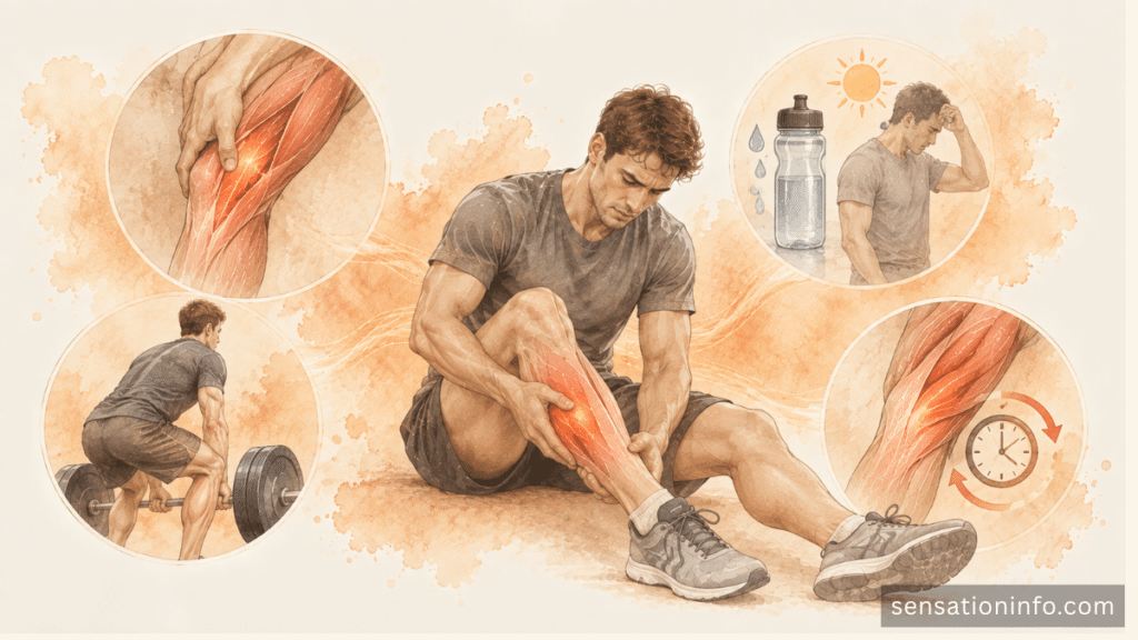 Exercise related muscle burning causes including strain, dehydration, and overuse.
