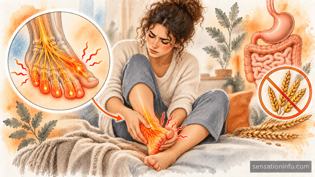 Patient rubbing painful feet due to gluten neuropathy and celiac disease symptoms.