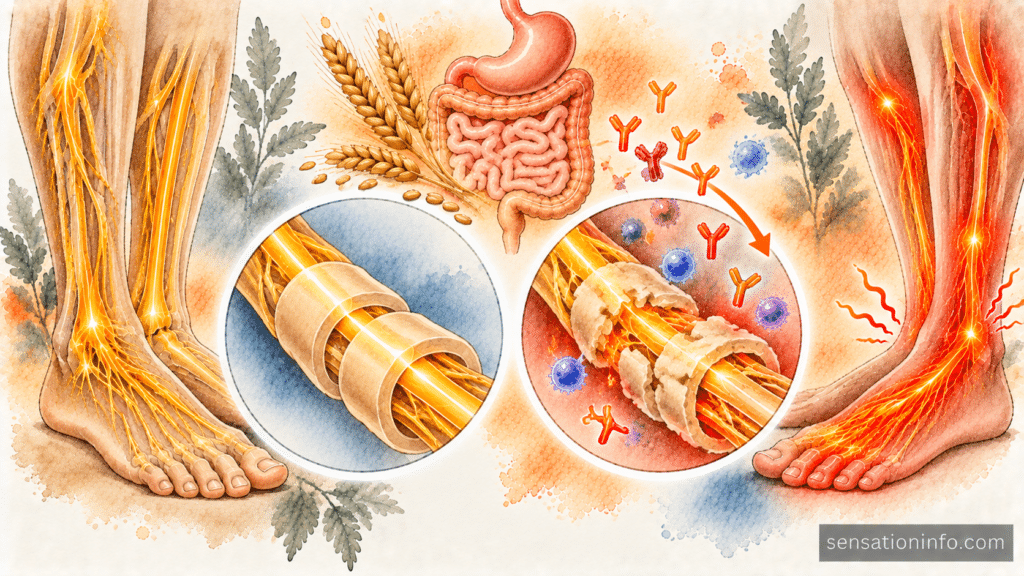 Medical illustration showing healthy peripheral nerves compared to damaged nerves from an autoimmune response.