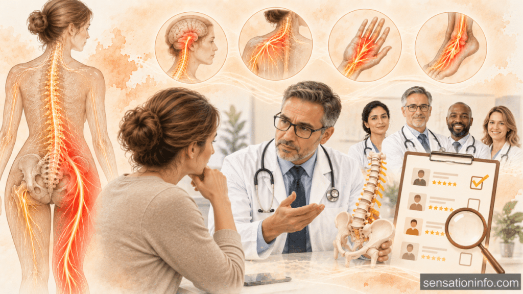 Medical illustration showing how to choose the right neuropathy specialist, with a patient consultation, nerve pain anatomy, specialist team, and specialist comparison checklist.