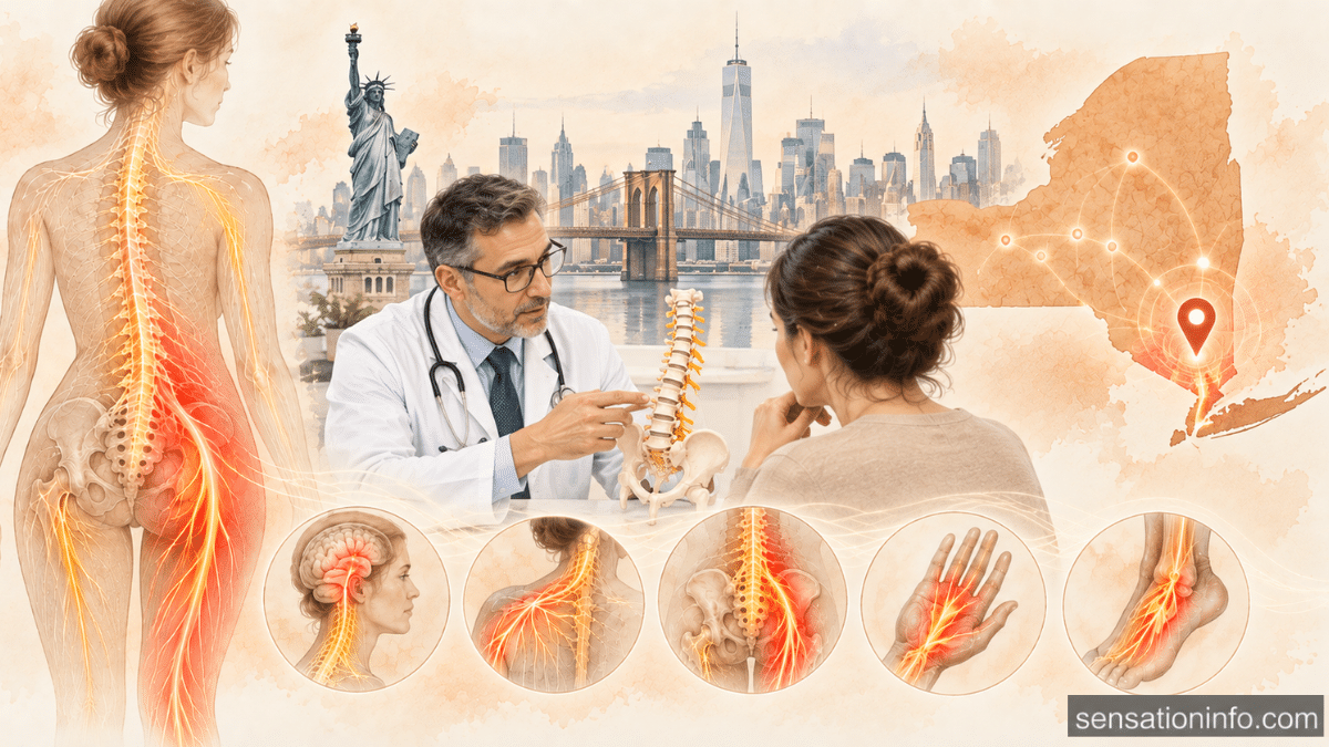 Medical illustration of neuropathy specialists in New York, showing a doctor consultation, New York City skyline, New York map, highlighted spinal nerves, and nerve pain anatomy.