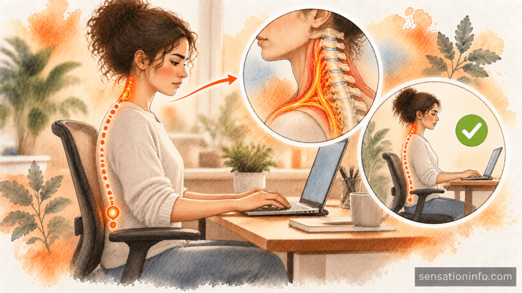 Person sitting at a desk demonstrating proper ergonomic posture to prevent neck pain