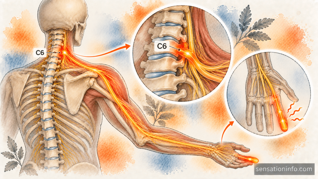 Medical diagram showing the C6 nerve root traveling from the cervical spine down the arm to the index fingertip