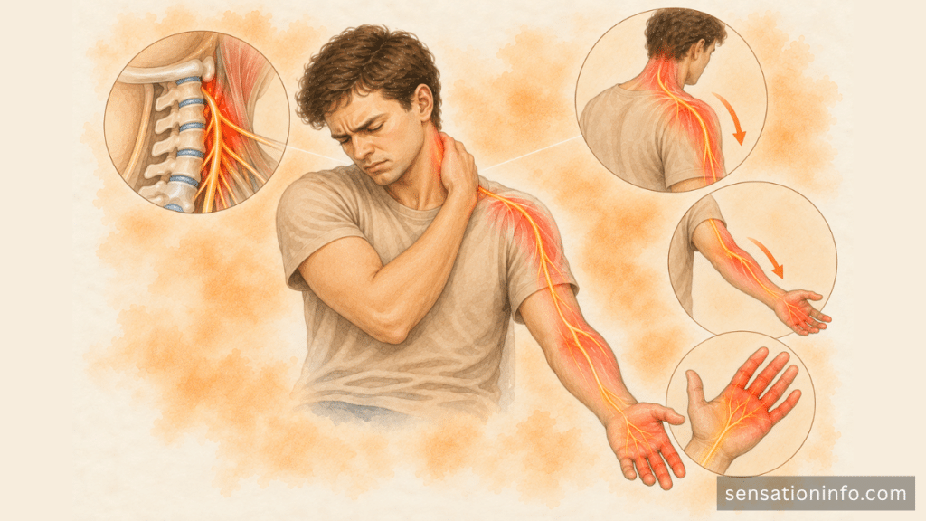 Pins and needles traveling from the neck into the shoulder, arm, and hand.