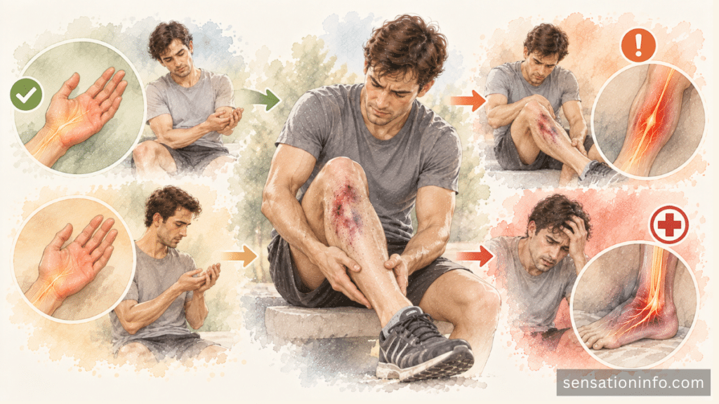 Post injury numbness patterns showing improvement, progression, and urgent warning signs.