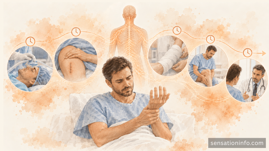 Postoperative numbness patterns by timing and recommended response.