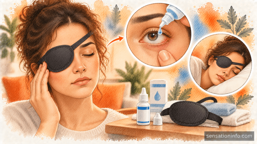 Medical eye patch and lubricating eye drops used for facial paralysis care