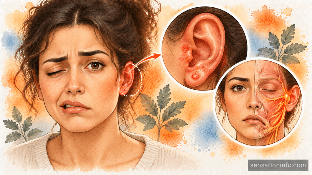 Patient showing one sided facial droop and small blisters on the outer ear . use above conditon for generating this image as well:
