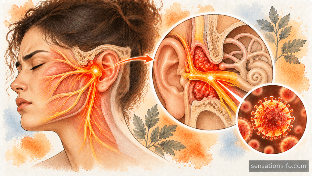 Medical diagram showing the varicella zoster virus affecting the facial nerve near the inner ear anatomy