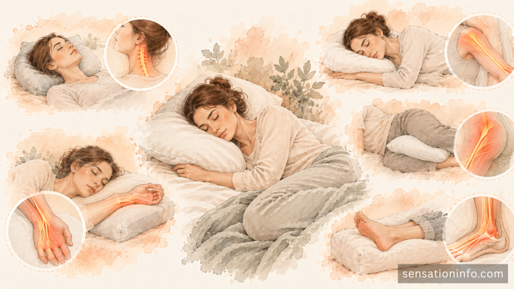 Safer sleep positions that reduce pressure on the neck, arm, wrist, leg, and ankle nerves.
