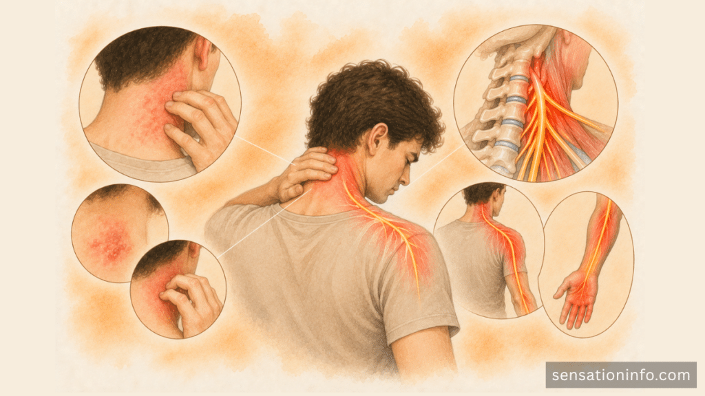 Surface and nerve related pins and needles sensations in the neck.