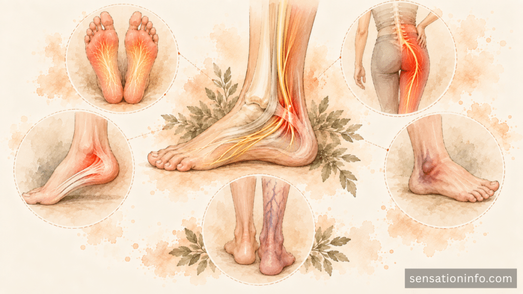 Tarsal tunnel syndrome compared with peripheral neuropathy, sciatica, plantar fasciitis, injury, and circulation problems.